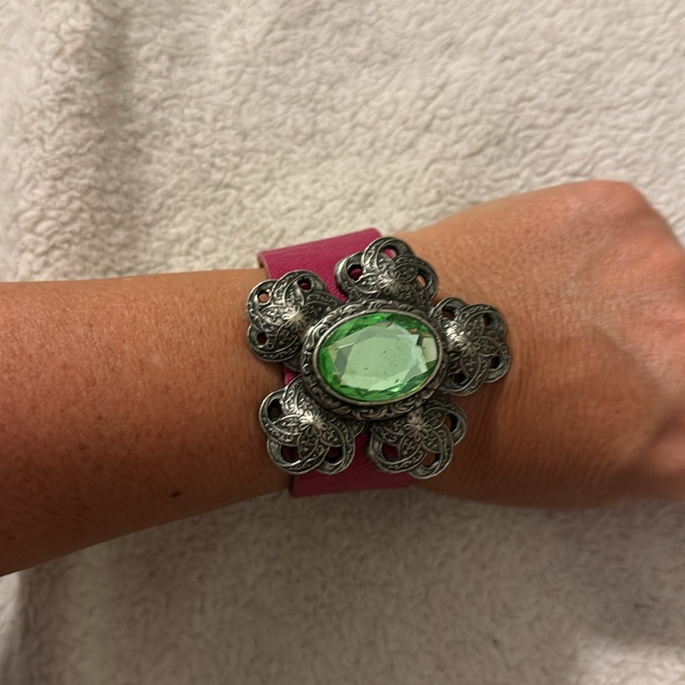 Women’s Allison Daniel Designs Silver/Green W/Pink Leather Bracelet